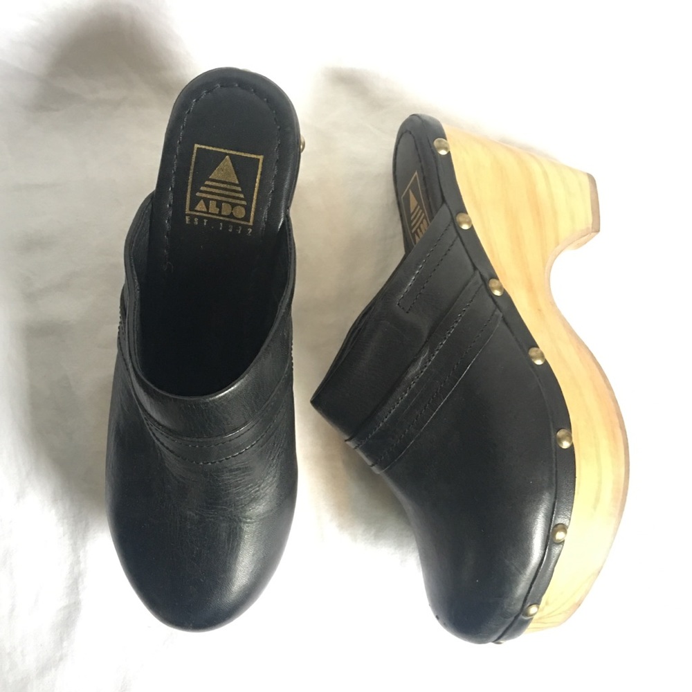 Aldo Black Leather Clogs
